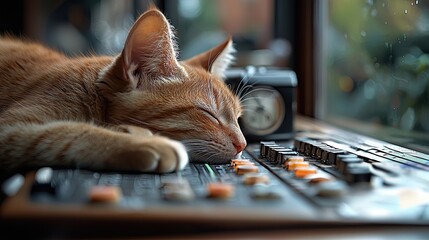 An orange cat is sleeping peacefully on a sound mixing board near a window. The scene is indoors with a cozy and relaxed atmosphere.