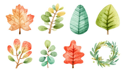 Fototapeta premium Handpainted Watercolor Leaves and Wreath on Transparent Background for Creative Projects