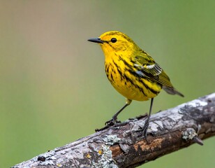 Vivid portrait of a small yellow bird perching on a weathered branch