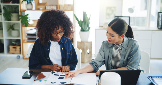 Collaboration, document and business women with discussion for brand proposal, idea or advertising. Paperwork, planning and meeting with team for strategy, brainstorming and campaign review in office - Powered by Adobe