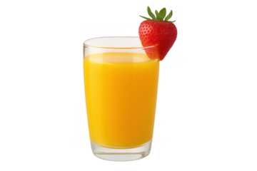 Orange juice in a glass with a fresh strawberry garnish, refreshing fruit drink, healthy breakfast beverage