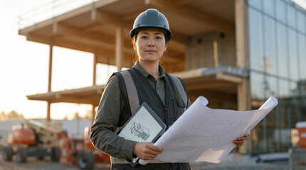 Confident female architect at construction site holding plans and tablet