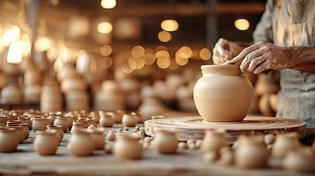 A potter is shaping a clay pot on a pottery wheel in a workshop. The image is lit with warm, soft lighting.