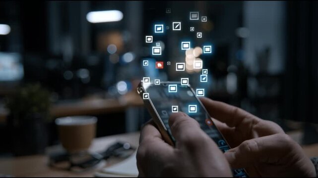 Social media algorithms impact. Engagement technology. Behavioral influence trend. Person using a smartphone displaying social media notifications.
