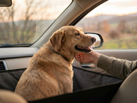 Golden retriever dog enjoying car ride with owners hand petting