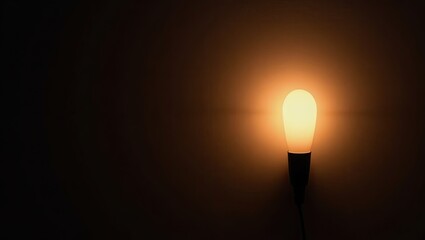 Glowing light bulb on a dark background illuminates the space with warm tones, featuring a minimalist style, soft focus, and a sense of mystery, creating a captivating visual experience of bright...