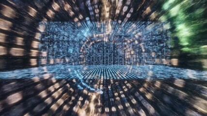 Digital data visualization with binary code and abstract circular pattern, glowing blue light effects in technology tunnel creating dynamic futuristic atmosphere and motion depth vortex - Powered by Adobe