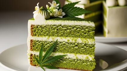 Slice of gourmet green cannabis cake with white frosting.
