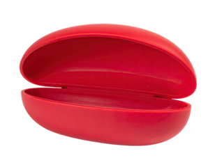 Open, red, clamshell case. Isolated. Simple shape