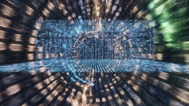 Digital data visualization with binary code and abstract circular pattern, glowing blue light effects in technology tunnel creating dynamic futuristic atmosphere and motion depth vortex