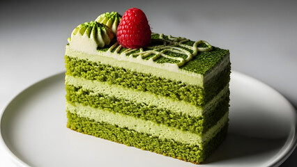 Delicious Matcha Layer Cake Slice with Raspberry Topping.