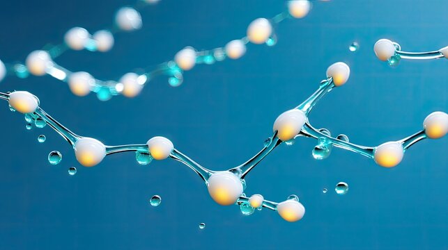 Close-up of a molecular structure with glowing white spheres connected by transparent lines against a blue background, representing scientific concepts.
