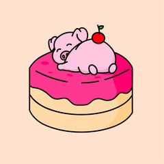 Sleeping Piglet on Pink Cake with Cherry – Vector Illustration