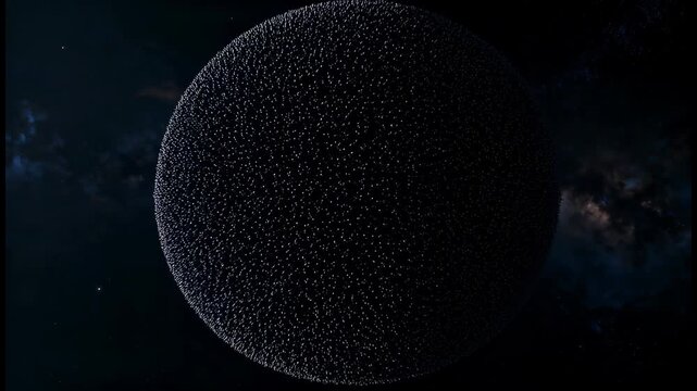 Billions of small AI drones forming semi-solid black sphere around Earth, collective intelligence movement, shifting mass responding to threats