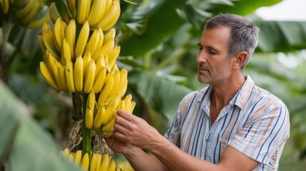 Mature man inspecting ripe banana tree on a tropical farm, surrounded by lush green foliage, showcasing agricultural practices and dedication to fruit cultivation