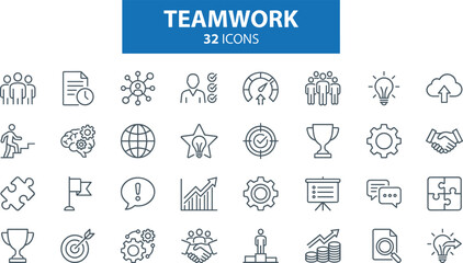 Teamwork, Success, and Business Collaboration Line Icon Set, featuring Achievement, Strategy, Management, Innovation, and Partnership Symbols for Corporate UI/UX