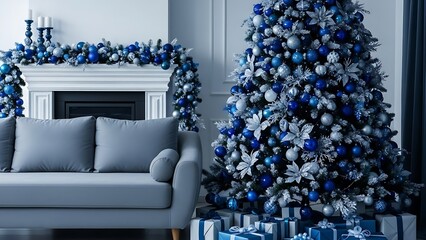 A festive living room scene featuring a decorated Christmas tree and gifts.