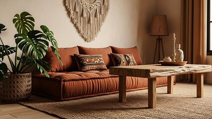 Cozy living room interior featuring a brown sofa, wooden coffee table, and a large potted Monstera plant.