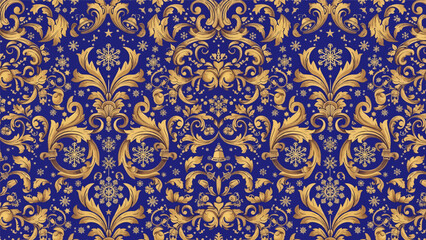 Ornate gold baroque floral pattern on a deep blue background, featuring swirling leaves, flourishes, and small snowflake-like details.