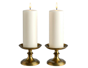 Two lit candles in metal holders, simple scene