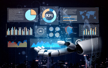 A futuristic robotic hand showcases a variety of digital data and analytics charts, emphasizing key performance indicators and artificial intelligence metrics in a modern business landscape. Gantry