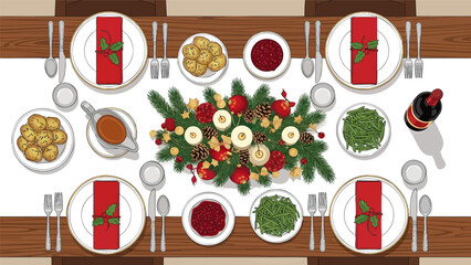 Overhead view of a festive holiday table setting with plates, napkins, silverware, gravy, wine, and a centerpiece of greenery, candles, and ornaments.