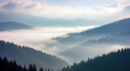 Scenic landscape of mountains and valleys filled with fog, with silhouettes of trees in the foreground, captured during a sunrise or sunset.