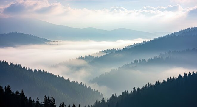 Scenic landscape of mountains and valleys filled with fog, with silhouettes of trees in the foreground, captured during a sunrise or sunset.