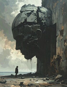Illustrstion style of An eerie landscape featuring a giant head emerging from a wall, evoking thoughts of decay and introspection amidst a surreal backdrop.