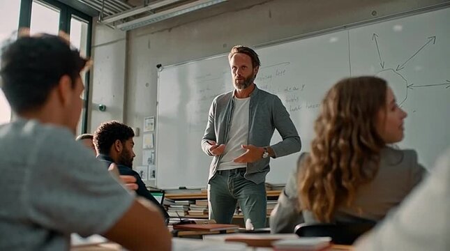 A professional adult educator explaining a concept on a whiteboard inside a bright modern classroom - Powered by Adobe