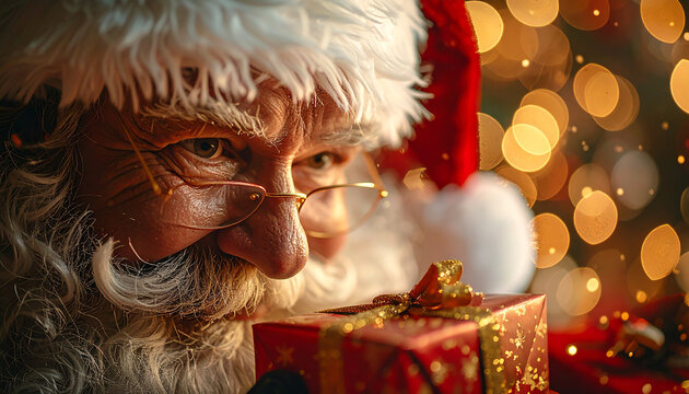 Santa's Gift: A close-up view of Santa Claus holding a Christmas gift, his eyes sparkling with delight as he examines the beautifully wrapped package, anticipating the joy it will bring.