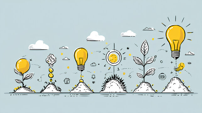 Creative idea generation for new product development concept. Creative thinking and innovation. Growth curve with stages of innovation icons, generating creative idea process for product developmement