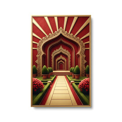 Endless Golden Archways with Red Accents and Topiary Garden gateway ornate isolated on a transparent background