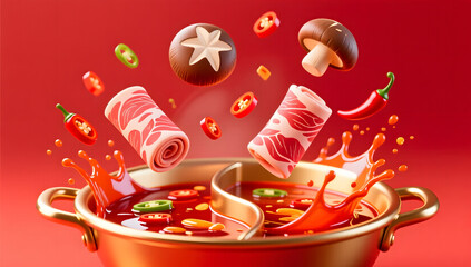 Ingredients swirling over a boiling red hotpot