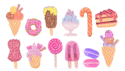 doodle crayon dessert collection with ice cream popsicles and donut, gelato cones and chalk textured sweet food illustrations. Colorful hand drawn treats - candy cane, layered cake and macarons.