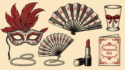 Hand-drawn vintage collection of masquerade ball accessories, including a feathered mask, fans, pearls, lipstick, and an invitation.