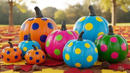 Colorful polka dot pumpkins on a bed of autumn leaves for a festive fall display