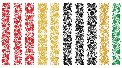 Ornate vertical borders featuring strawberry plant motifs in red, gold, black, and green on an isolated background.