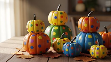 Colorful Polka Dot Pumpkins on Wooden Table, Autumn Festive Decorative Arrangement