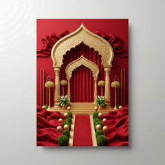 Grand Golden Archway with Red Drapes and Staircase Entrance gateway ornate isolated on a transparent background