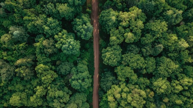 Aerial view of a dirt road winding through a lush green forest