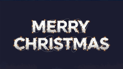 "Merry Christmas" text with white, illuminated letters and string lights against a dark blue background, creating a festive holiday greeting.