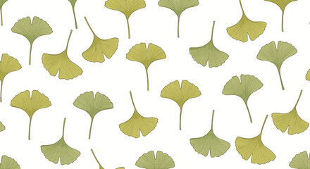 A serene and elegant seamless botanical pattern of green and yellow ginkgo biloba leaves scattered on a clean white background.