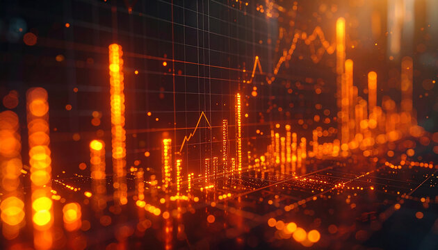 Financial Data Visualization: Dynamic representation of financial data, showcasing market trends, growth, and volatility with an abstract glowing effect.
