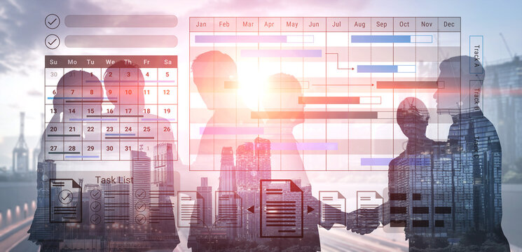 A double exposure image illustrating business partnership negotiation with colorful graphs and city skyline backdrop, emphasizing teamwork and strategic planning. Gantry