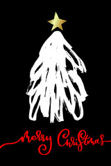 Merry Christmas Greeting Card Template with Grunge Hand Drawn Spruce and Star