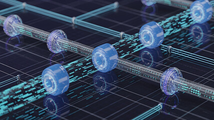 Abstract digital network visualization with glowing blue data flow and node connections