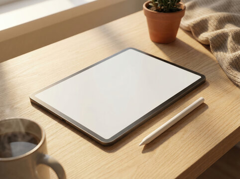 Digital tablet with stylus on a wooden desk