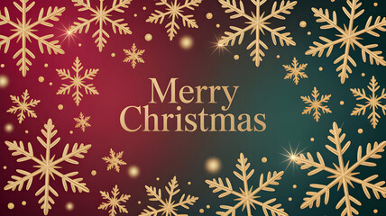 Fototapeta premium Merry christmas greeting card with golden snowflake border and glitter on red green background
