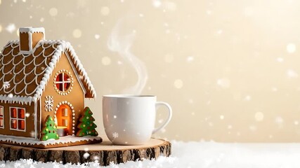 Steaming hot chocolate mug next to lighted gingerbread house with falling snow. - Powered by Adobe